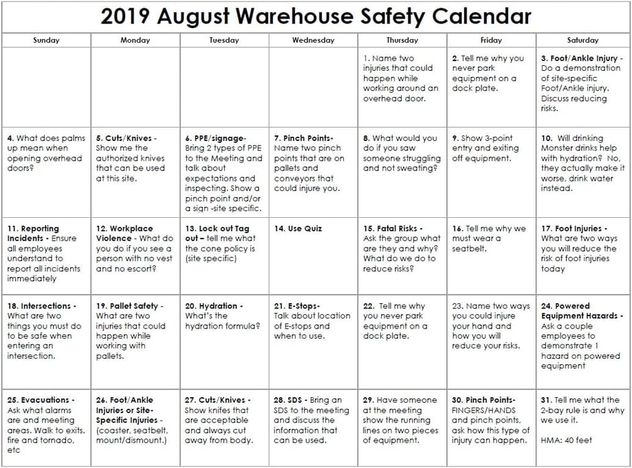 2019 August Warehouse Safety Calendar