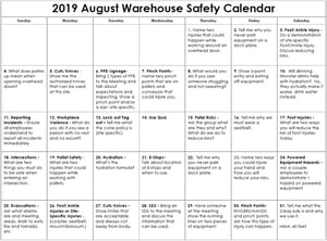 2019 August Warehouse Safety Calendar