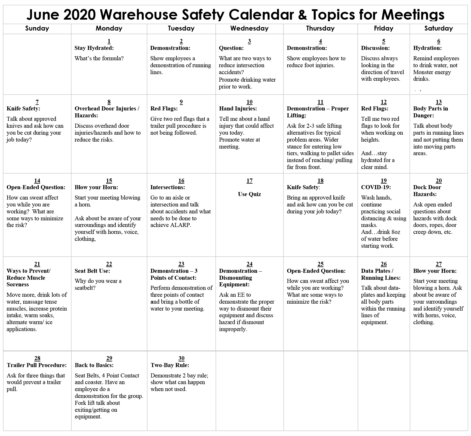 2020 (6) June Preshift Calendar