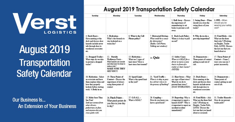 August 2019 Transportation Safety Calendar
