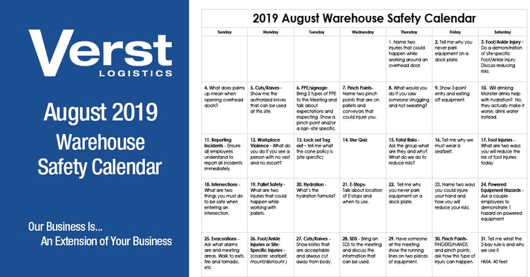 August 2019 Warehouse Safety Calendar
