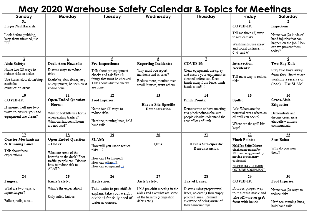 running warehouse calendar