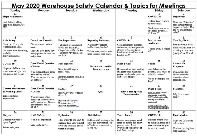 May 2020 COVID-19 Warehouse Safety Calendar & Meeting Topics for Discussion