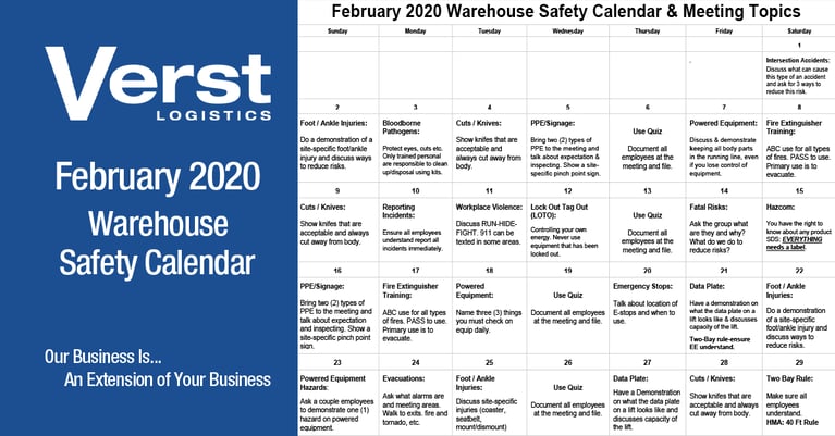 February 2020 Warehouse Safety Calendar & Topics for Discussion