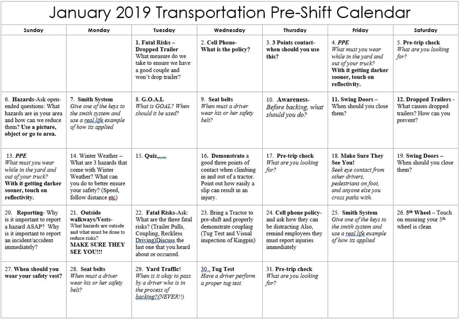 January Transportation Pre-Shift Safety Calendar