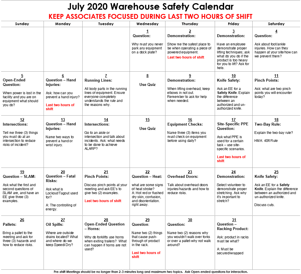 July 2020 Warehouse Safety Calendar Image Focusing on Keeping Employees Focused During Last Two Hours of Shift