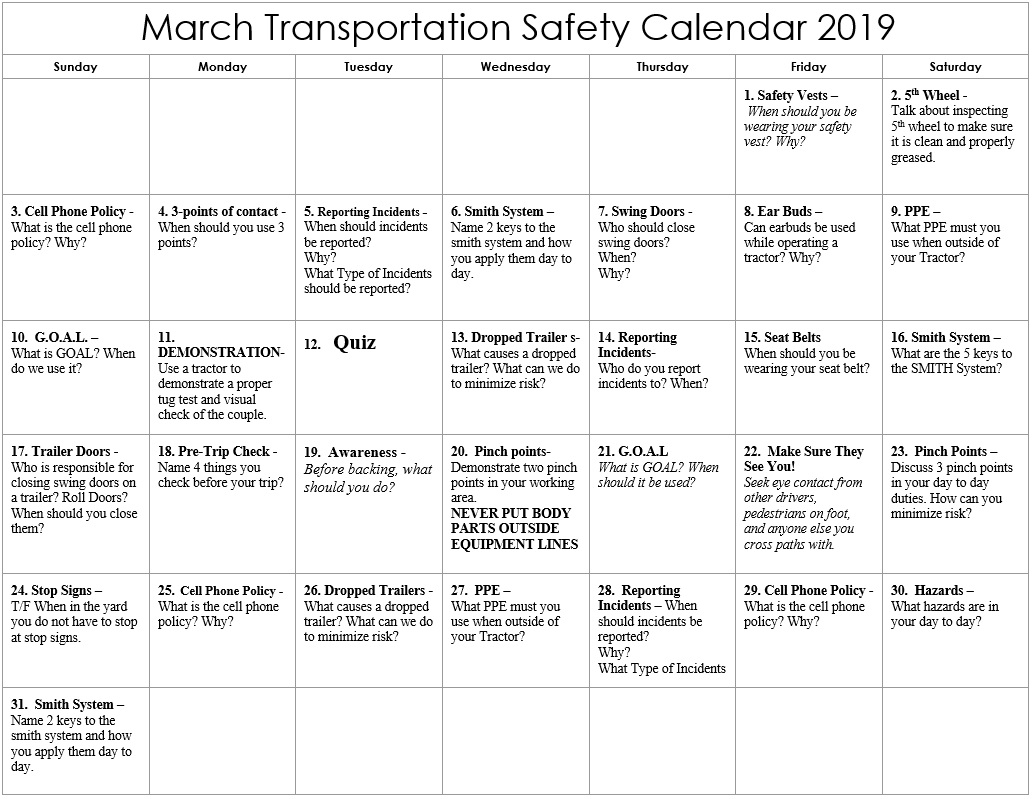 March 2019 Transportation Safety Calendar