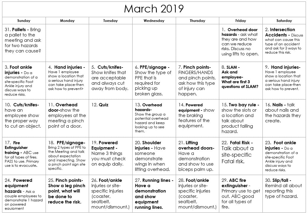 March 2019 Warehouse Safety Calendar