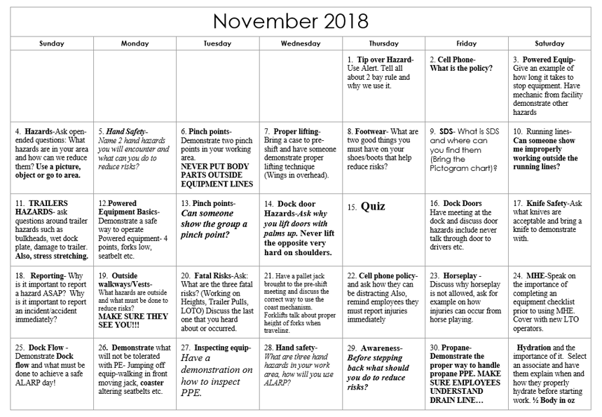 November18 PreShift Safety Calendar