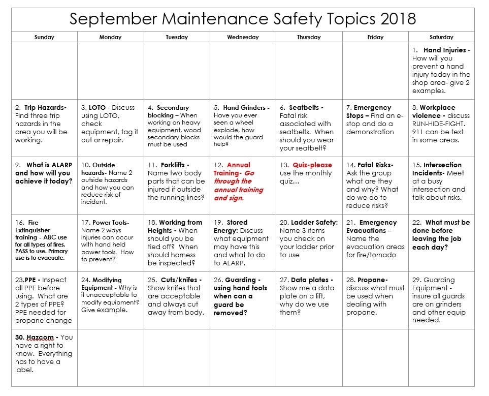 September Maintenance Safety Topics