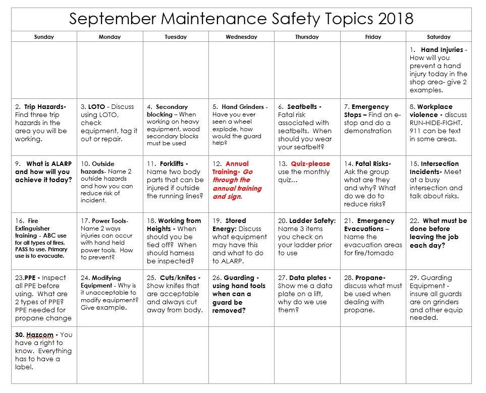 September 2018 Maintenance Safety Calendar
