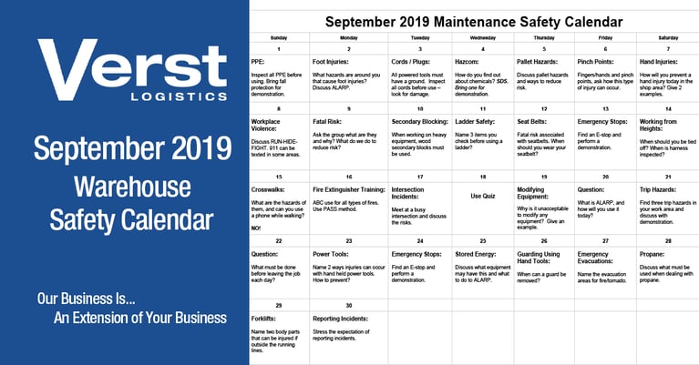 September 2019 Maintenance Safety Calendar