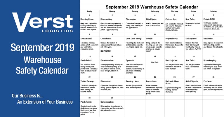 September 2019 Warehouse Safety Calendar