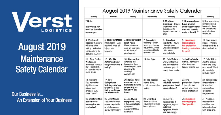 August 2019 Maintenance Safety Calendar