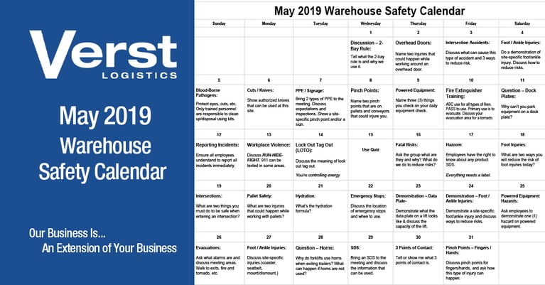 May 2019 Warehouse Safety Calendar