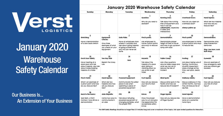 January 2020 Warehouse Safety Calendar & Topics for Discussion