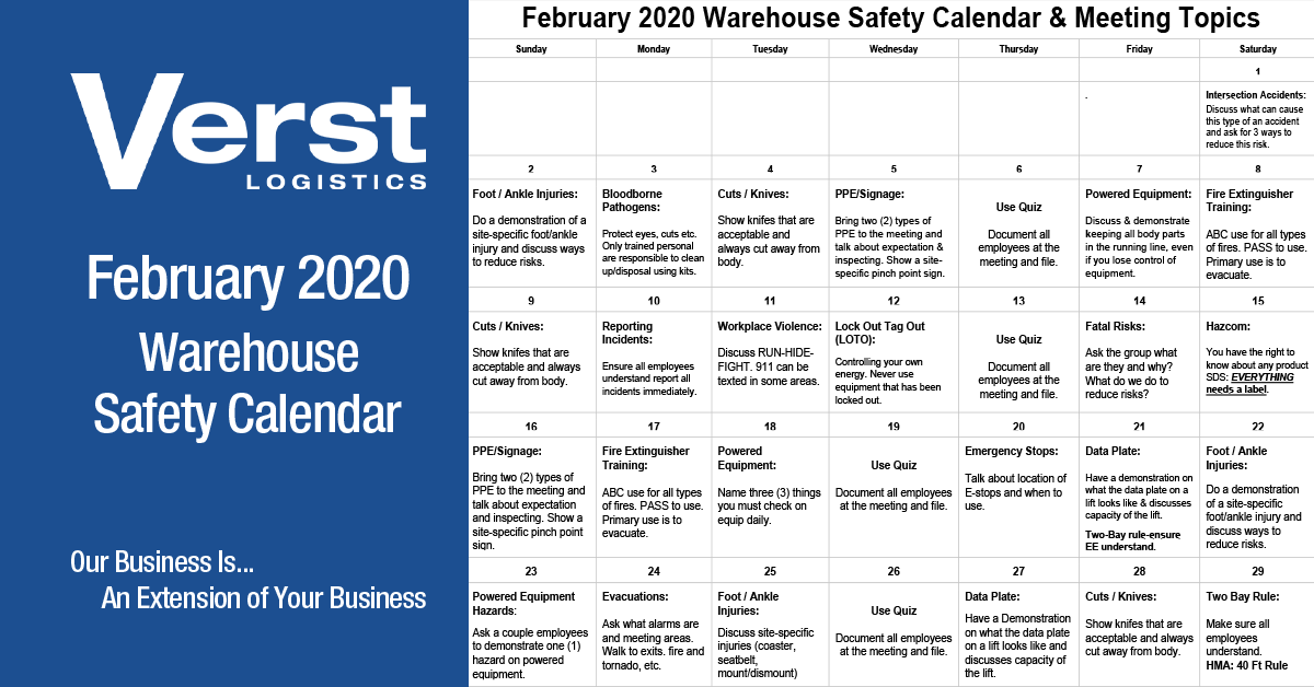 February 2020 Warehouse Safety Calendar  & Meeting Topics for Discussion Featured Image