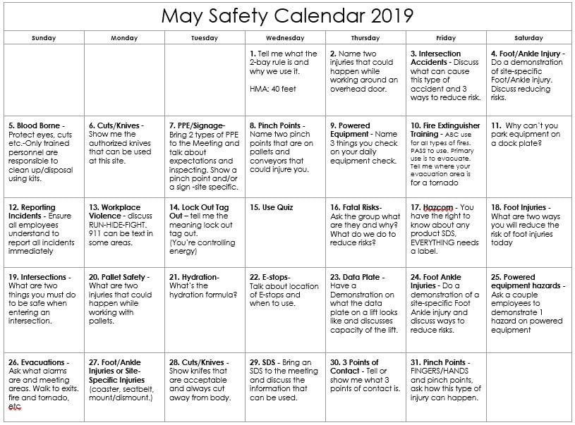 May 2019 Warehouse Safety Calendar