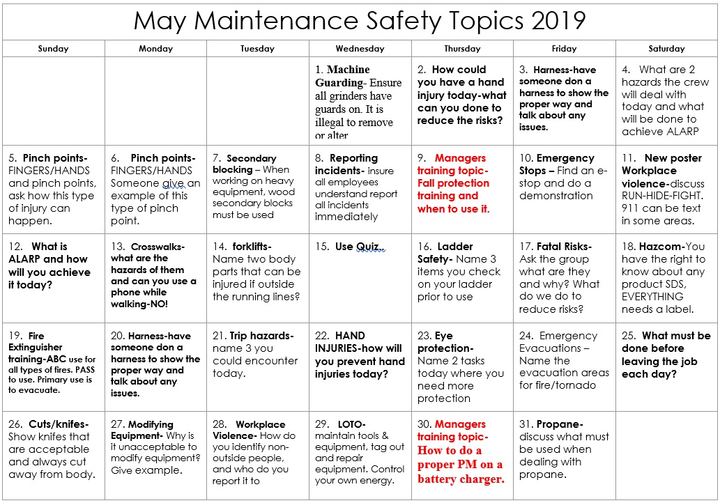 May Maintenance Safety Calendar Topics 2019