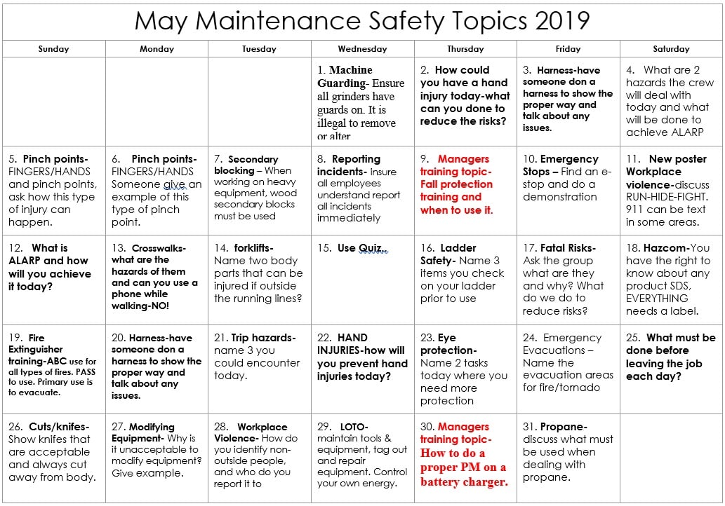 Safety Calendar Ideas - Harli Kissiah