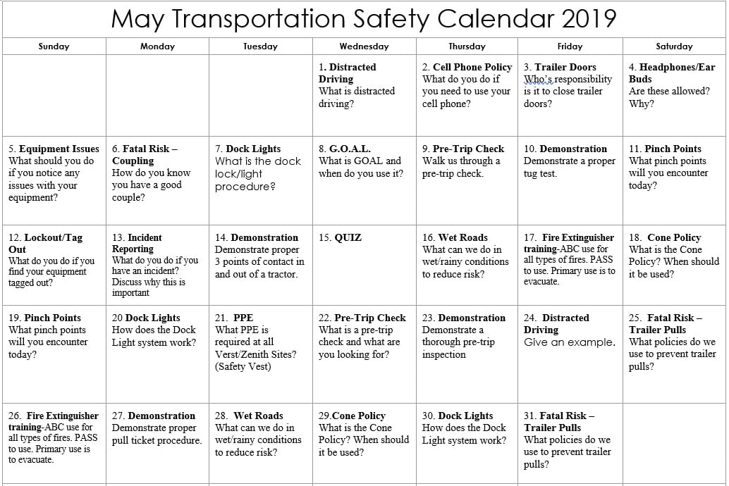May Transportation Safety Calendar Topics 2019
