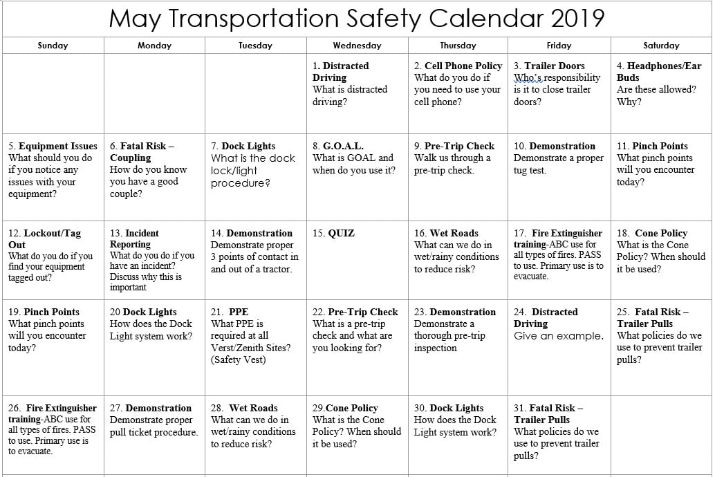 May 2019 Transportation Safety Calendar