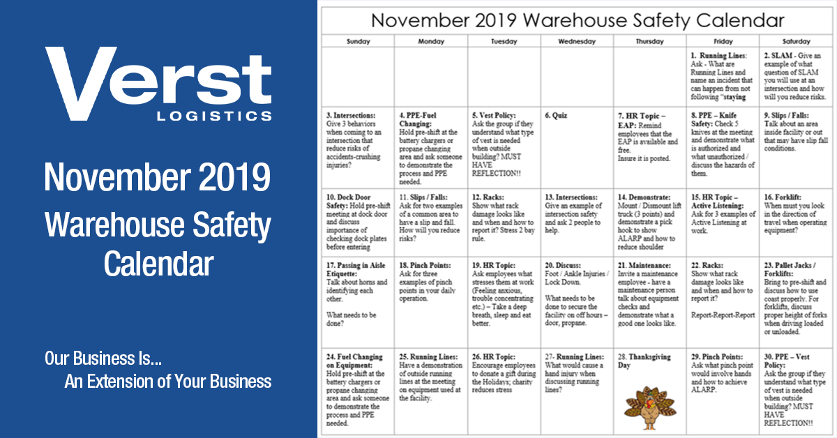 November Warehouse Safety Calendar Featured Image