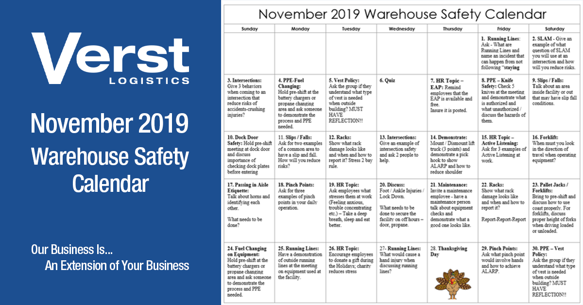 January 2020 Warehouse Safety Calendar & Topics for Discussion