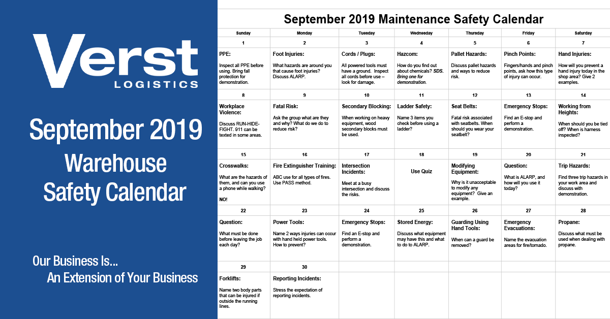 September 2019 Maintenance Safety Calendar Feature Image