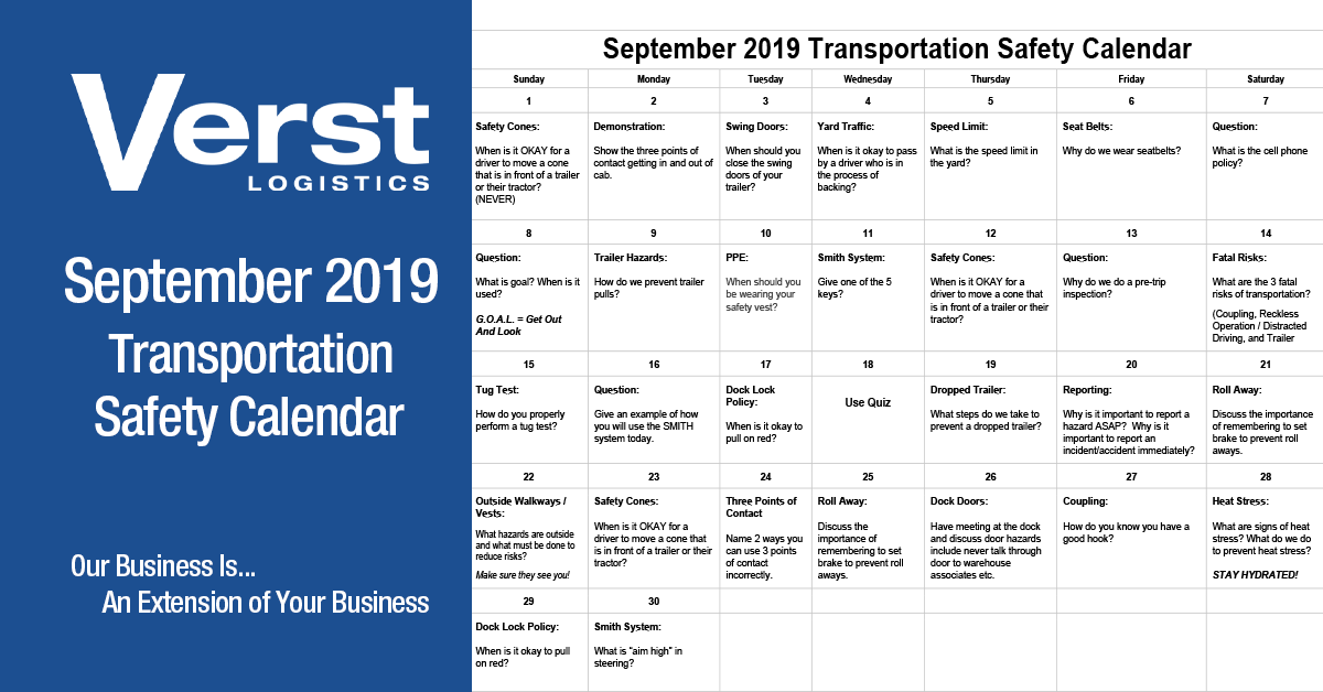 September 2019 Transportation Safety Calendar Feature Image