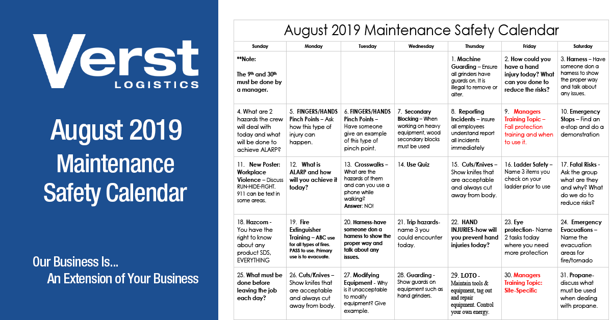 Verst 2020 Maintenance Safety Calendar Featured Image