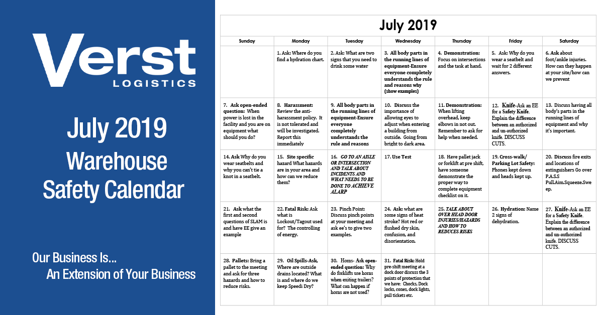 July Warehouse Safety Calendar Featured Image