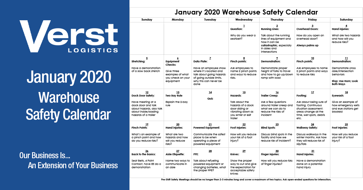 Verst January 2020 Warehouse Safety Calendar Social Post